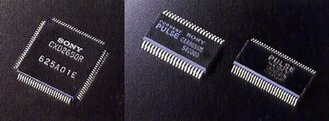 IC chip for fourth generation ATRAC (left), pulse generator (middle), and IC chip for current pulse D/A converter (right)